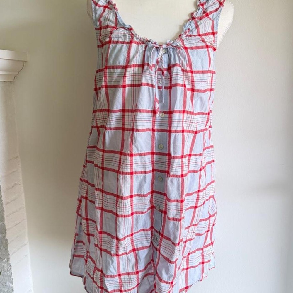 Cotton white red plaid babydoll dress with ruffle trim